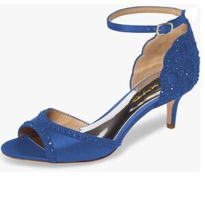 XYD Royal Blue Open Toe Rhinestones Ankle Strap Sandals Low Heel Bridal Shoes